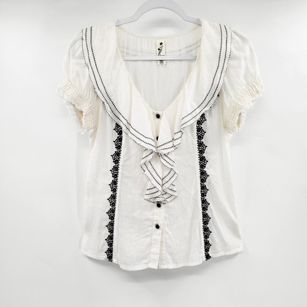 Floreat Anthropologie Cream & Black Ruffle Bib Collar Lace Detail Blouse Size 6